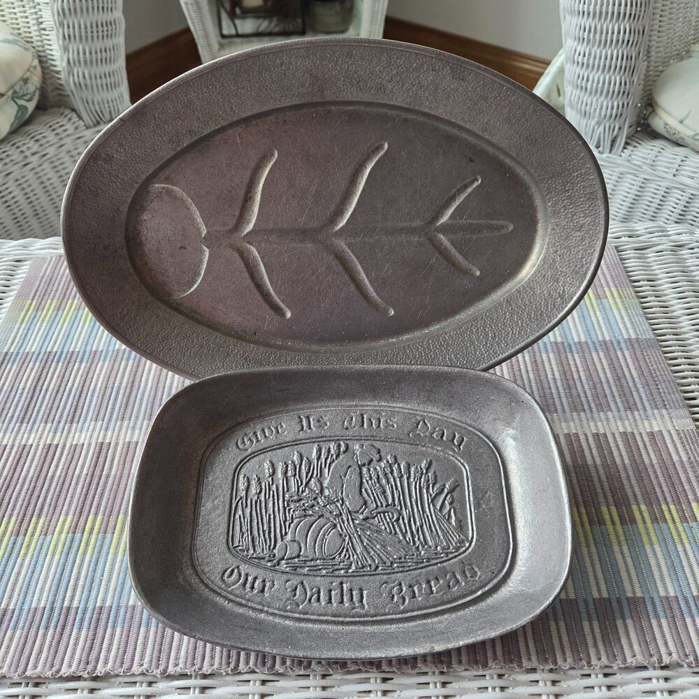 Vintage Faux Pewter Our Daily Bread Tray & Aluminum Sizzling Server Platter Set